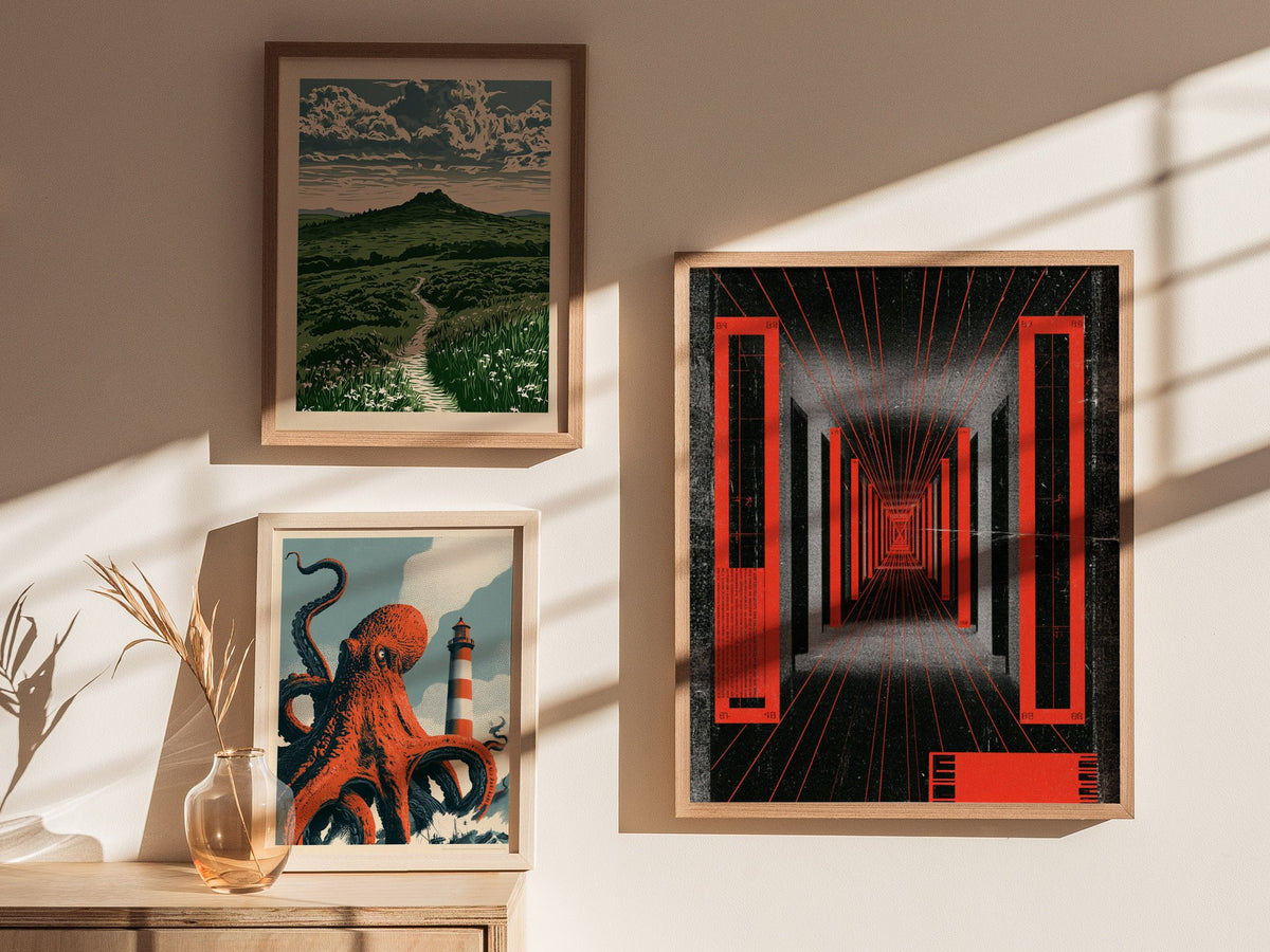 Corridor Radiates Red Poster | Red and Black Screen Print Art Print | Brutalist Wall Art — styled in an interior