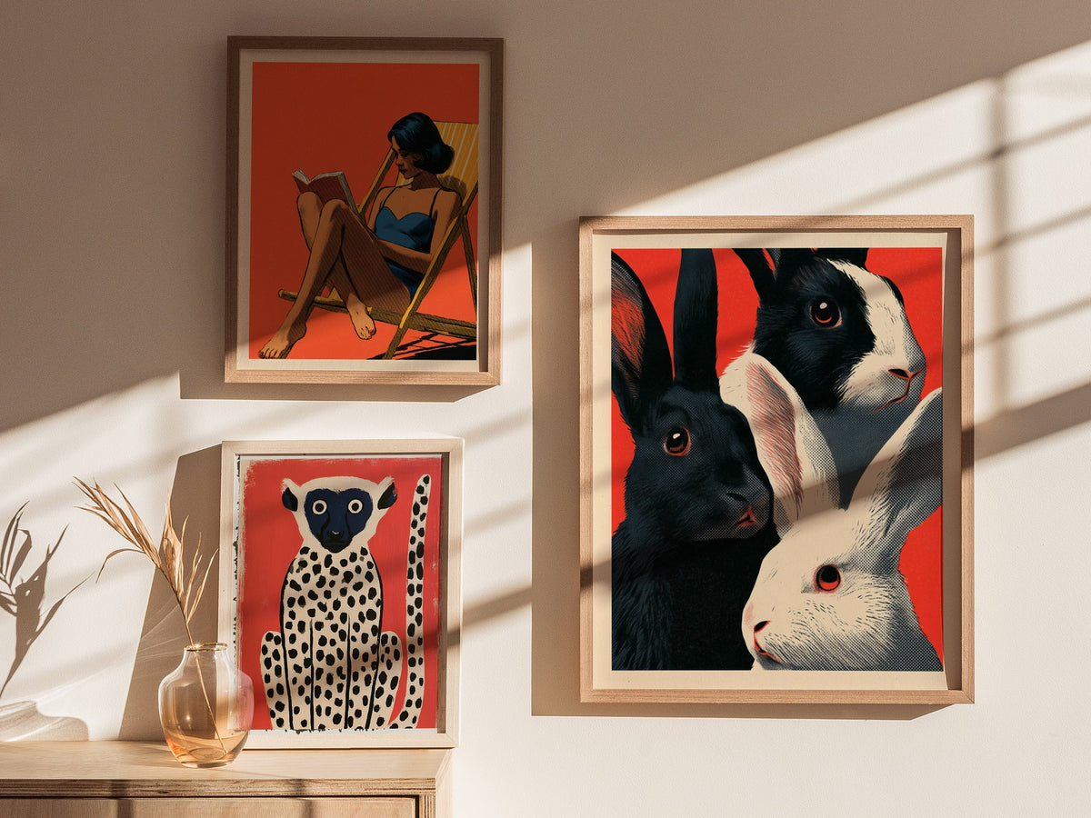 Tuxedo Rabbits Yellow Poster | Mustard and Black Screen Print Art Print | Animal Advocacy Wall Art — styled in an interior