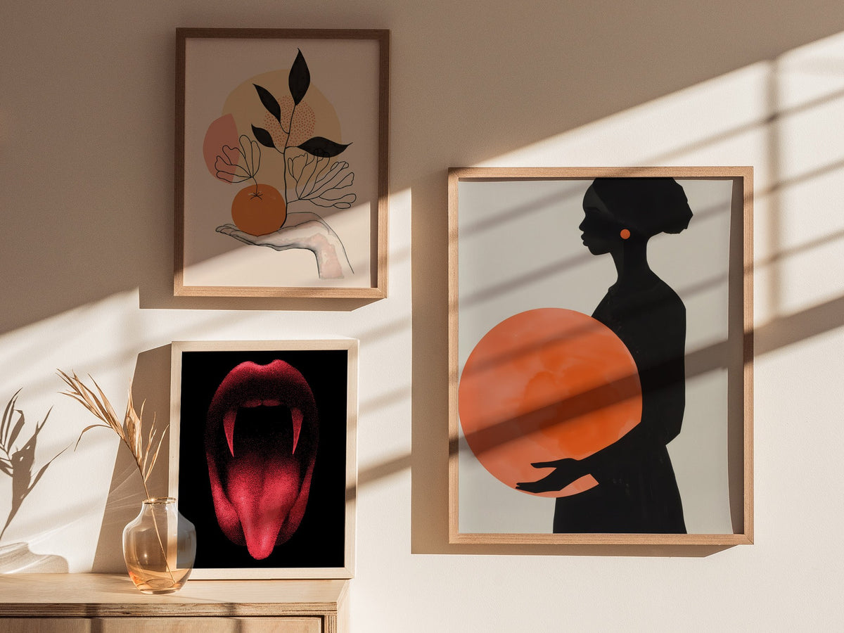 Woman with Orange Sphere Poster | Coral and Black Minimalism Art Print | Minimalist Wall Art — styled in an interior