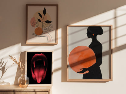 Woman with Orange Sphere Poster | Coral and Black Minimalism Art Print | Minimalist Wall Art — styled in an interior