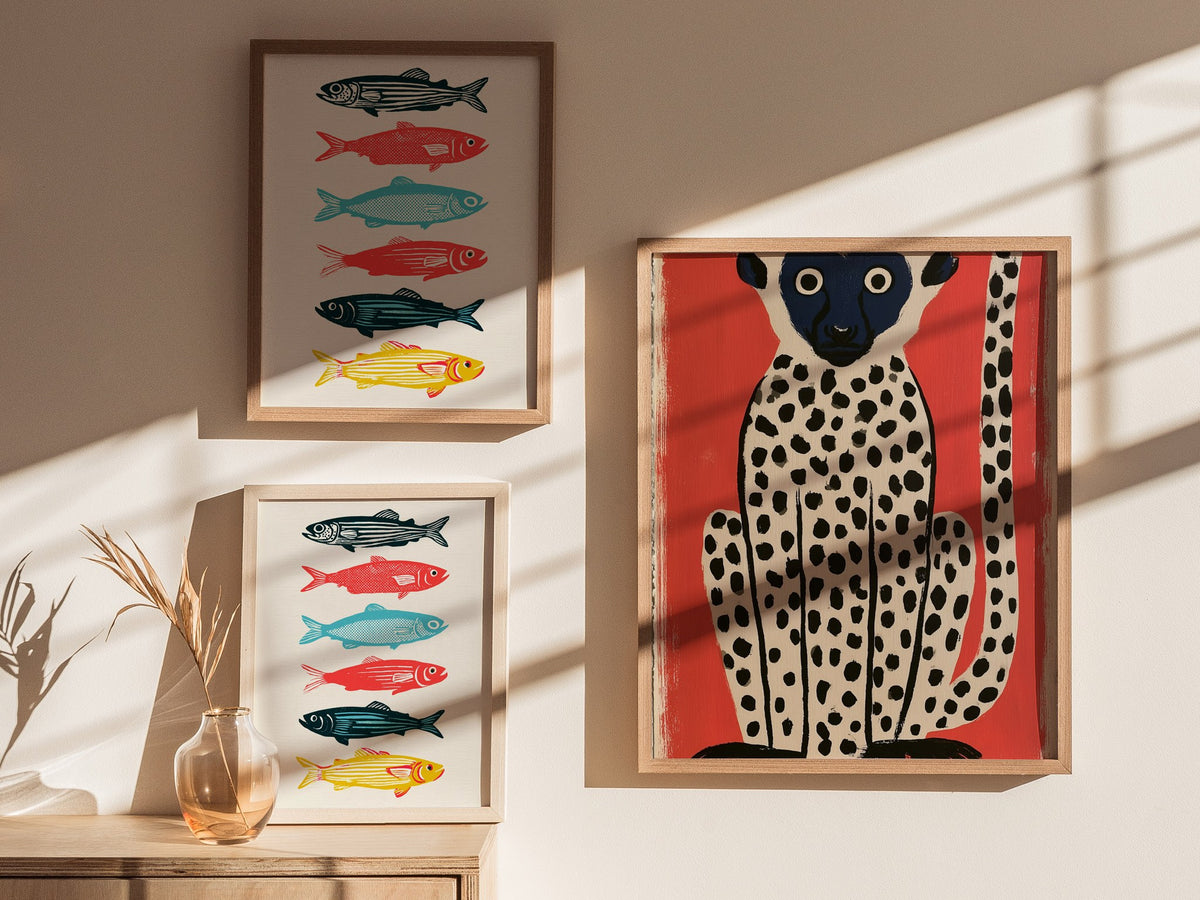 spotted-lemur Poster | Black and Ochre Screen Print Art Print | Kids Room Wall Art — styled in an interior
