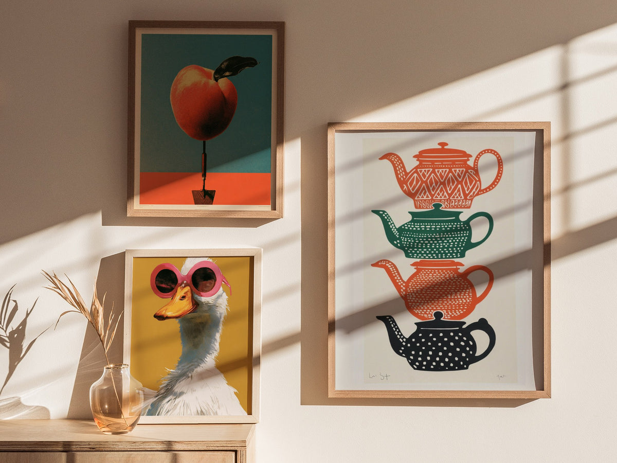 Stacked Teapots Poster | Burnt Orange Screen Print Art Print | Kitchen Wall Art — styled in an interior