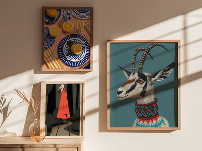 Gazelle Wears Collar Poster | Teal and Gray Illustrative Art Print | Modern Minimalist Wall Art — styled in an interior