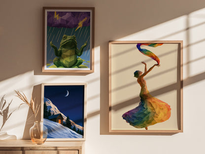 Dancer Unfurls Rainbow Poster | Rainbow Jewel Tones Low Poly Art Print | Modern Minimalist Wall Art — styled in an interior