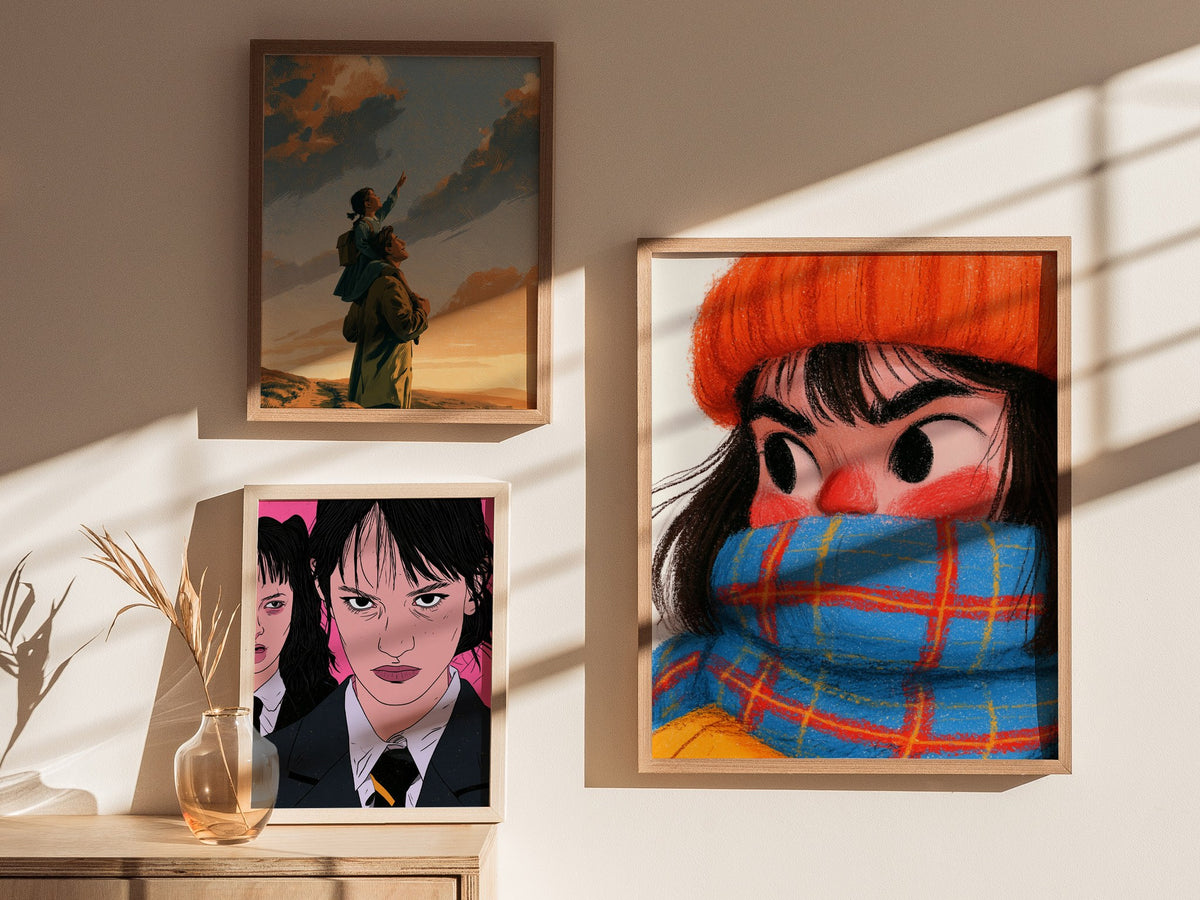 Girl Bundles Up Poster | Orange and Blue Illustrative Art Print | Kids Room Wall Art — styled in an interior
