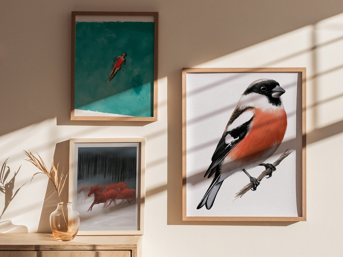 Bullfinch Owns Branch Poster | Orange and Black Watercolor Art Print | Naturalist Wall Art — styled in an interior