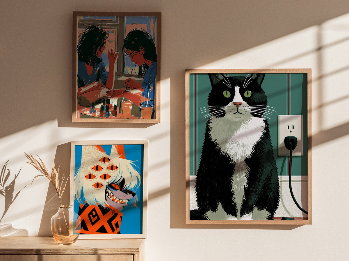 Tuxedo Cat Unplugged Poster | Sage and Cream Illustrative Art Print | Cat Lover Wall Art — styled in an interior