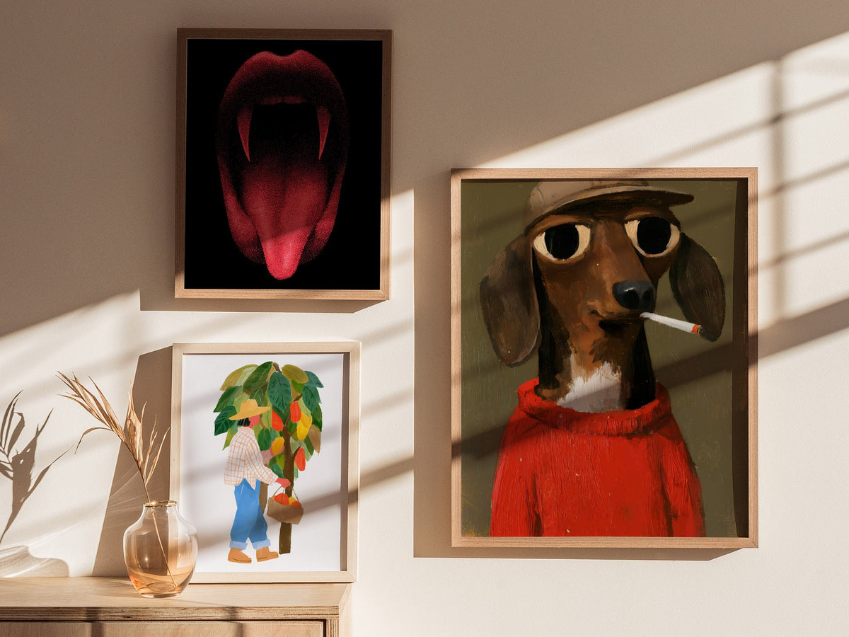 Dachshund In Red Poster | Red and Olive Oil Painting Art Print | Folk Art Wall Art — styled in an interior