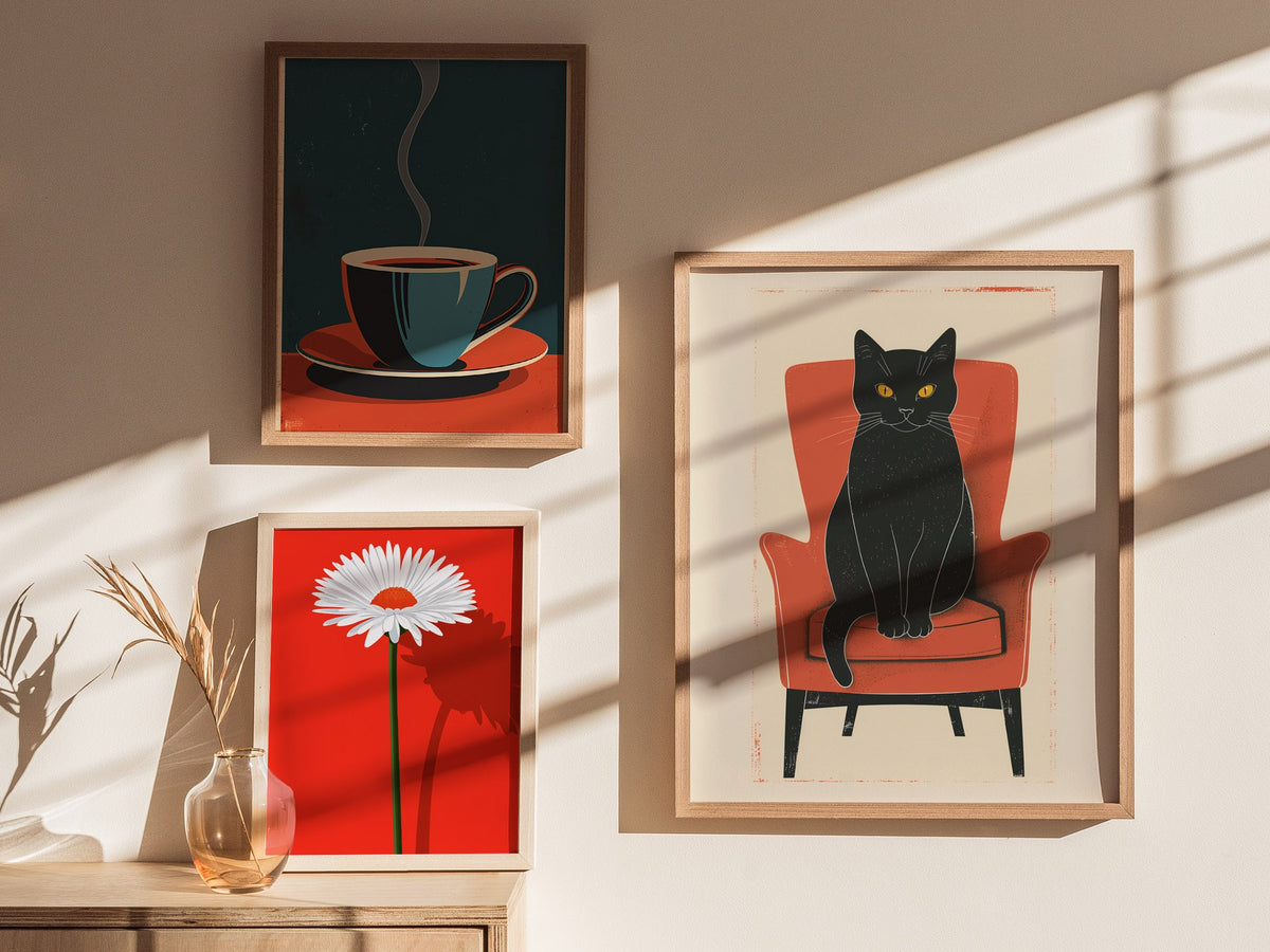 Black Cat in Red Chair Poster | Coral and Black Flat Design Art Print | Cat Lover Wall Art — styled in an interior