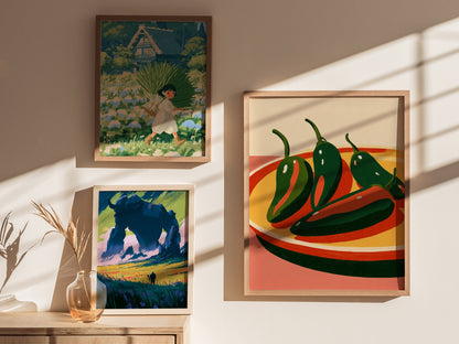 peppers-on-yellow-plate Poster | Yellow and Red Illustrative Art Print | Kitchen Wall Art — styled in an interior