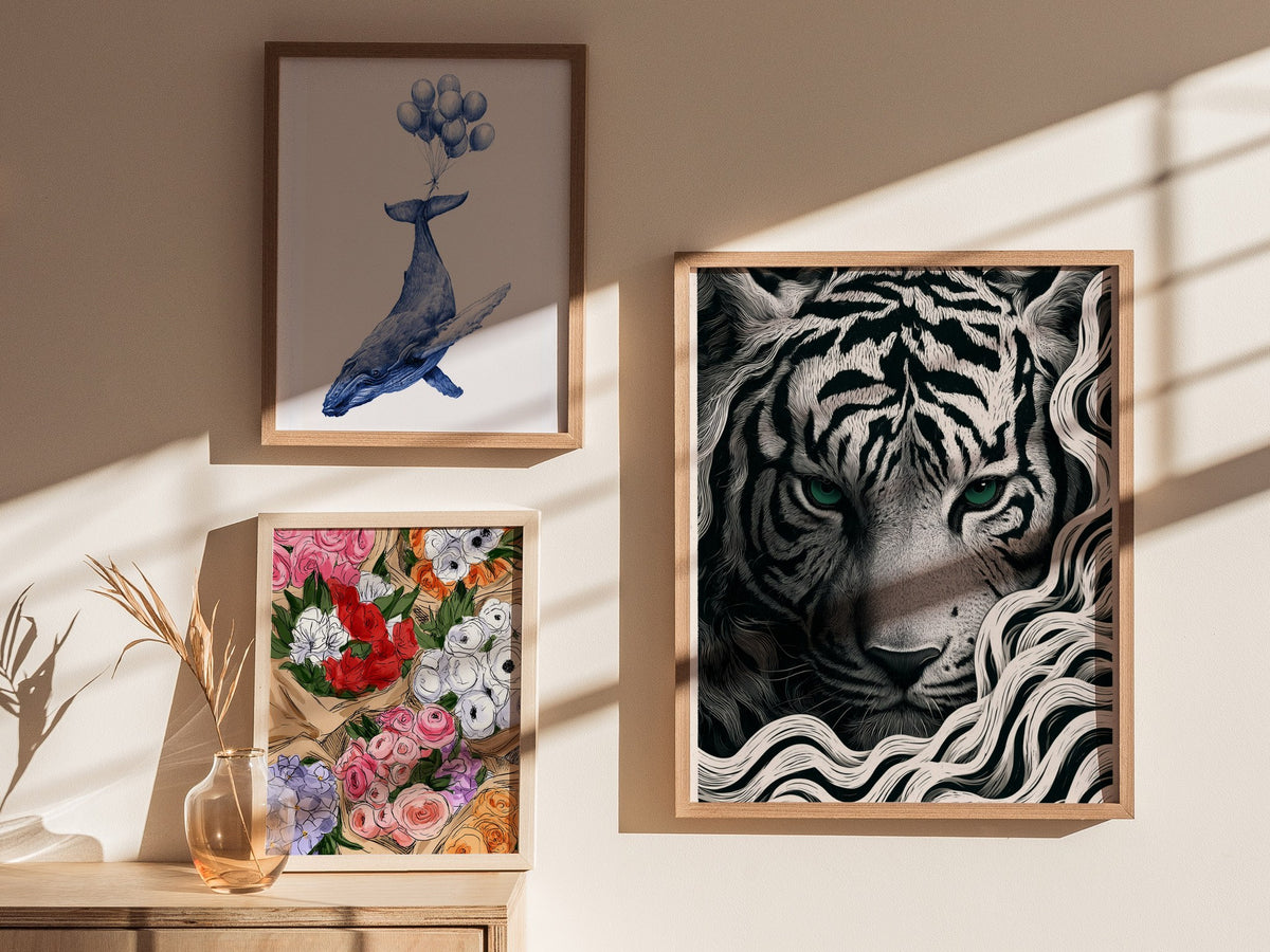 White Tiger Surfaces Poster | Black and Cream Pen and Ink Art Print | Dark Academia Wall Art — styled in an interior