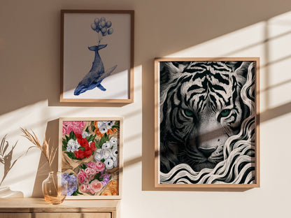 White Tiger Surfaces Poster | Black and Cream Pen and Ink Art Print | Dark Academia Wall Art — styled in an interior