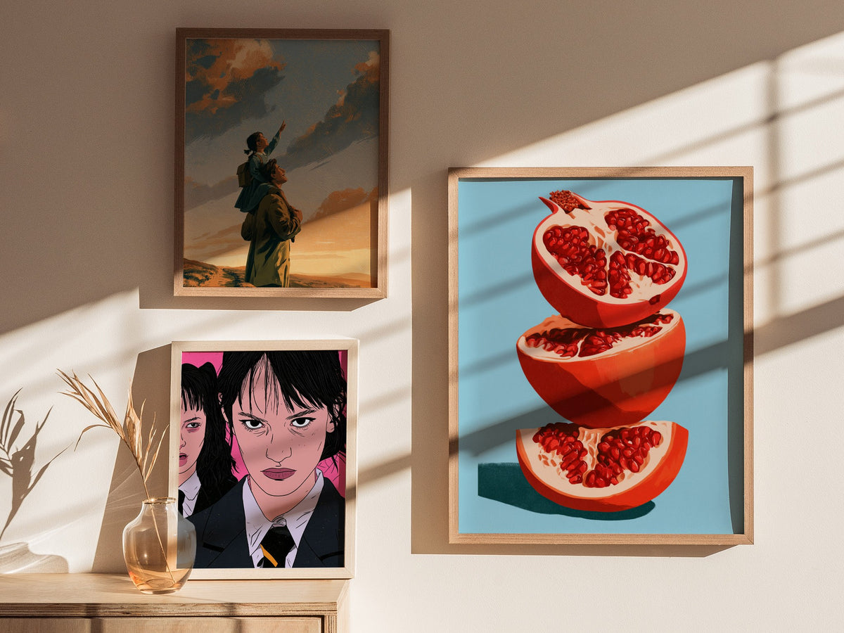 Pomegranate Towers Poster | Navy and Hot Illustrative Art Print | Kitchen Wall Art — styled in an interior