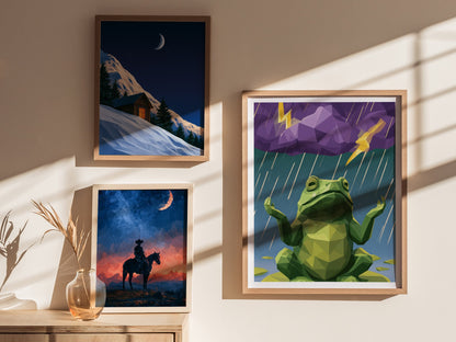 Toad Conducts Rain Poster | Green and Purple Low Poly Art Print | Kids Room Wall Art — styled in an interior