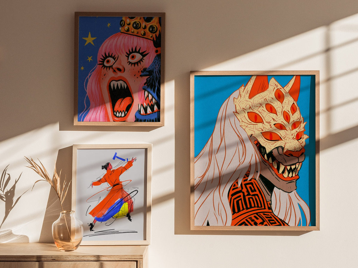 Fox Mask Grin Poster | Orange and Blue Illustrative Art Print | Dark Fantasy Wall Art — styled in an interior