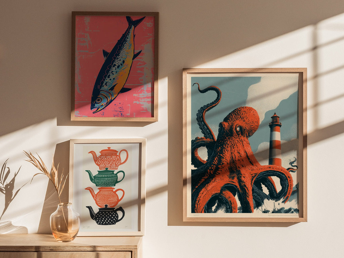 Octopus Finds Paradise Poster | Pink and Blue Screen Print Art Print | Retro Futurism Wall Art — styled in an interior