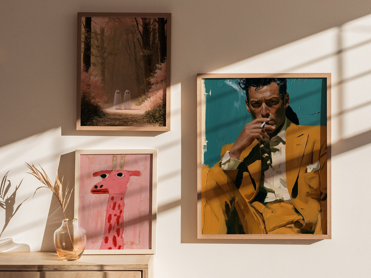 Man Lights Cigarette Poster | Teal and Mustard Oil Painting Art Print | Mid-Century Modern Wall Art — styled in an interior