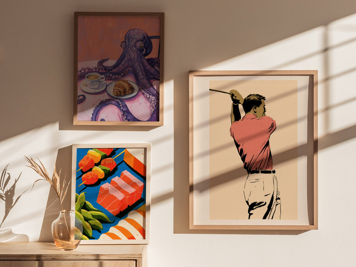 Golfer in Follow Through Poster | Pink and Cream Illustrative Art Print | Golf Wall Art — styled in an interior