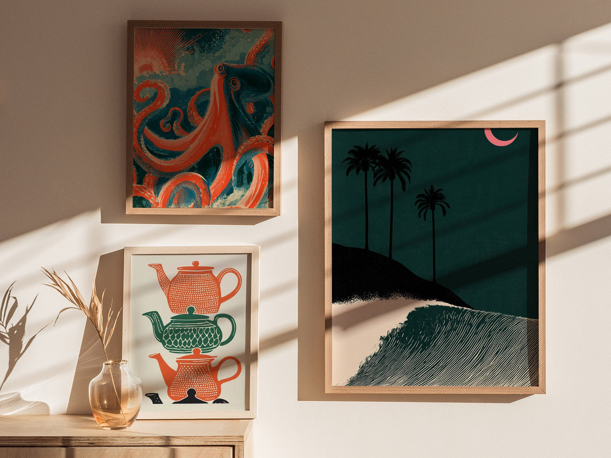Moon Breaks Wave Poster | Green and Pink Screen Print Art Print | Surf Wall Art — styled in an interior