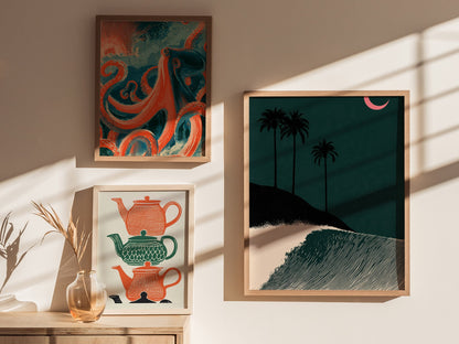 Moon Breaks Wave Poster | Green and Pink Screen Print Art Print | Surf Wall Art — styled in an interior