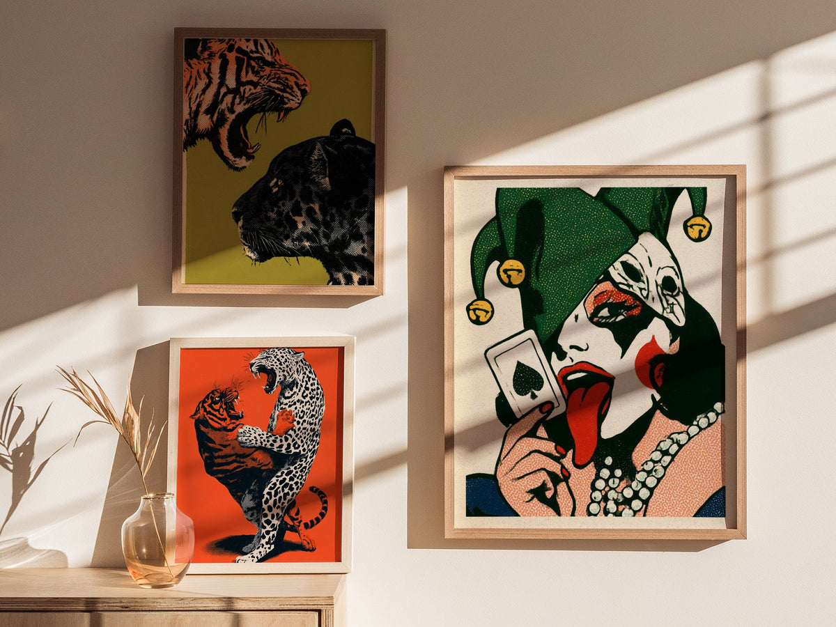 Joker Licks Ace Poster | Green and Red Screen Print Art Print | Dark Fantasy Wall Art — styled in an interior