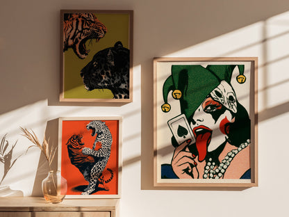 Joker Licks Ace Poster | Green and Red Screen Print Art Print | Dark Fantasy Wall Art — styled in an interior