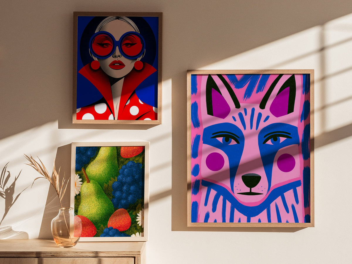 Fox Faces Forward Poster | Pink and Blue Illustrative Art Print | Kids Room Wall Art — styled in an interior