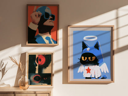 Angel Kitten Stands Poster | Blue and Orange Screen Print Art Print | Kids Room Wall Art — styled in an interior
