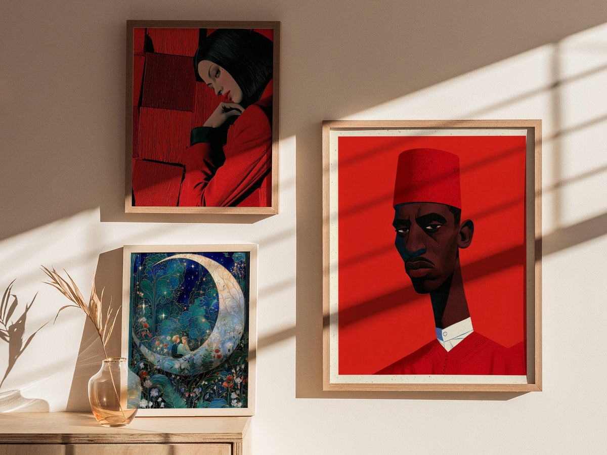 Man Wears Fez Poster | Red and Teal Illustrative Art Print | Retro Portrait Wall Art — styled in an interior