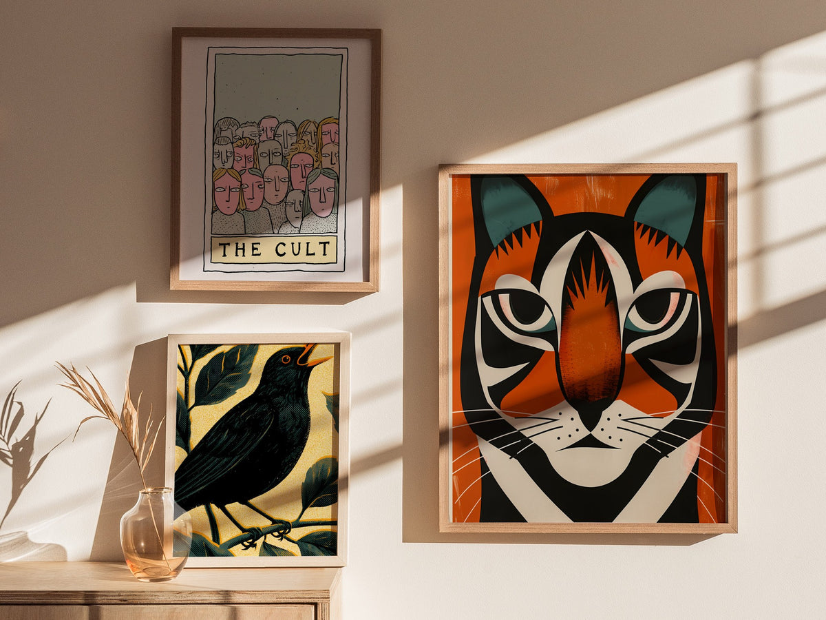 Tiger Stripes Poster | Orange and Teal Flat Design Art Print | Kids Room Wall Art — styled in an interior