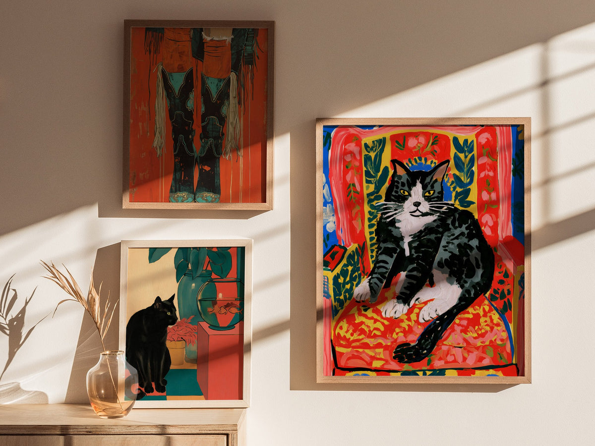 Cat Claims Chair Poster | Cobalt and Red Matisse Style Art Print | Cat Lover Wall Art — styled in an interior