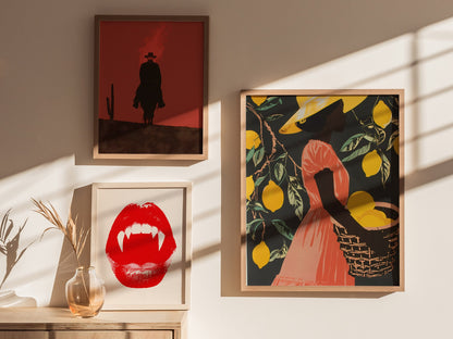 Woman Carries Lemons Poster | Yellow and Coral Screen Print Art Print | Kitchen Wall Art — styled in an interior