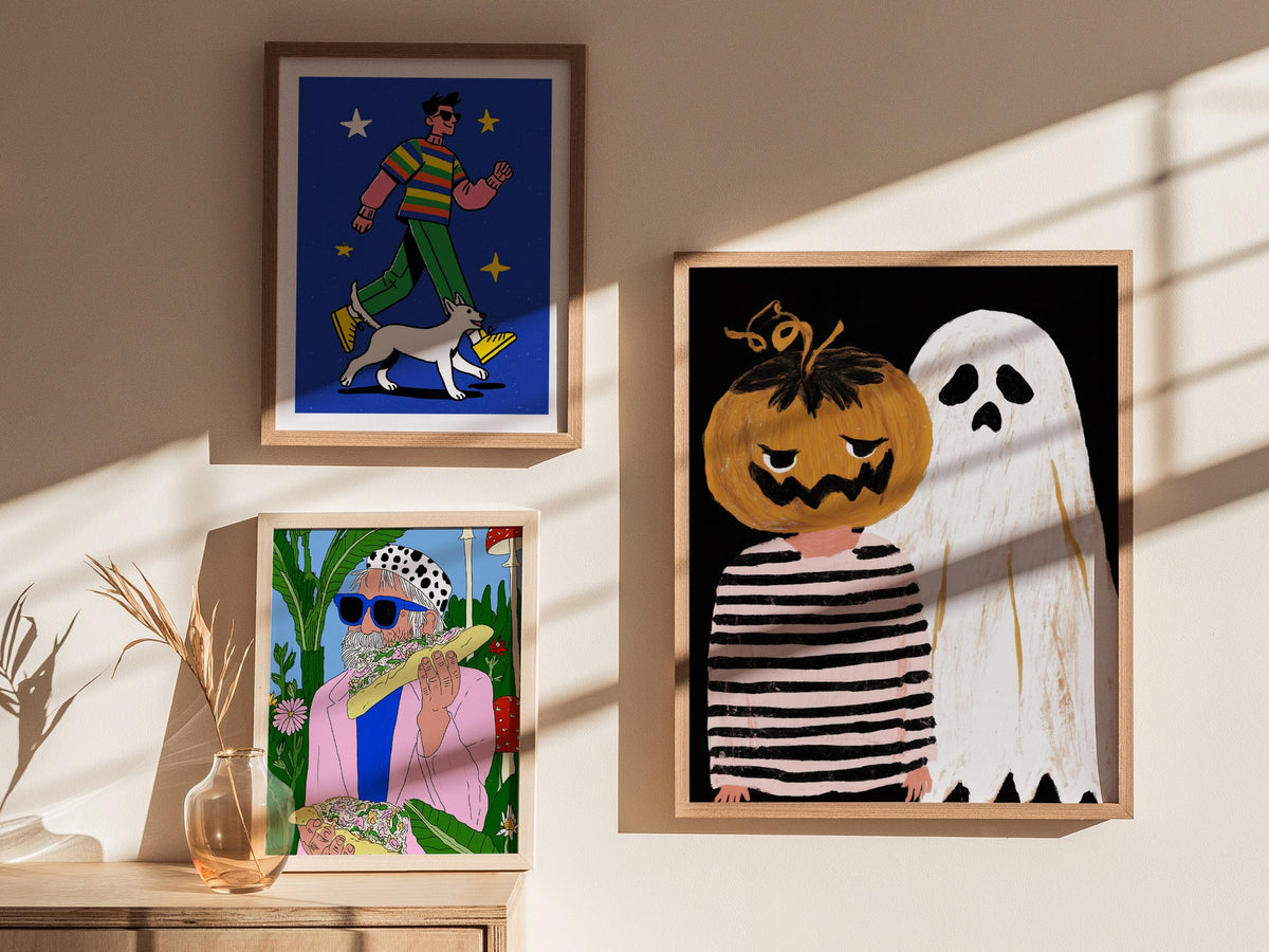 Pumpkin and Ghost Poster | Pink and Orange Illustrative Art Print | Kids Room Wall Art — styled in an interior