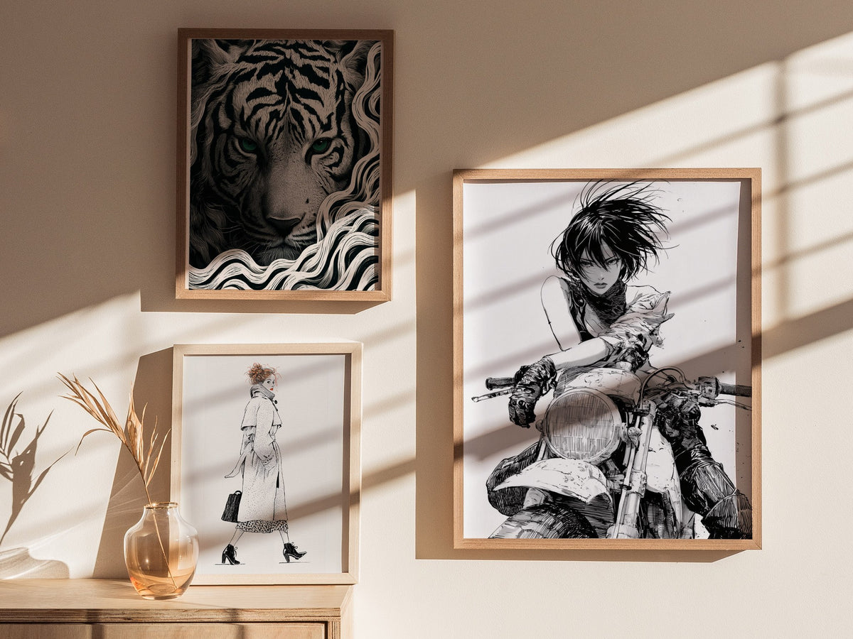 Rider Cuts Wind Poster | Black and White Pen and Ink Art Print | Moto Wall Art — styled in an interior