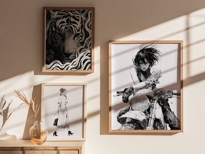 Rider Cuts Wind Poster | Black and White Pen and Ink Art Print | Moto Wall Art — styled in an interior