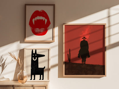 Burning Rider Poster | Coral and Slate Screen Print Art Print | Western Wall Art — styled in an interior