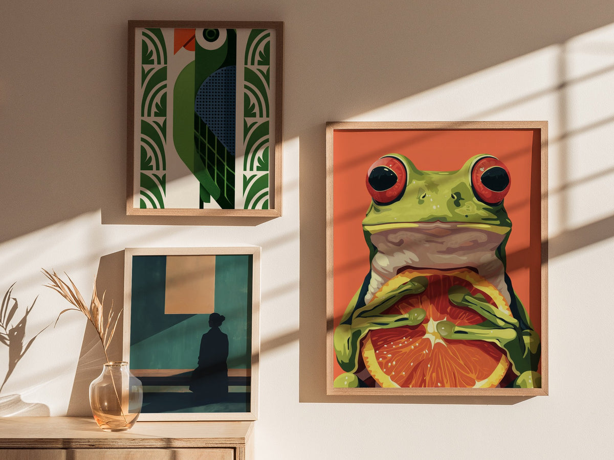 Frog with Orange Poster | Red and Green Flat Design Art Print | Kids Room Wall Art — styled in an interior