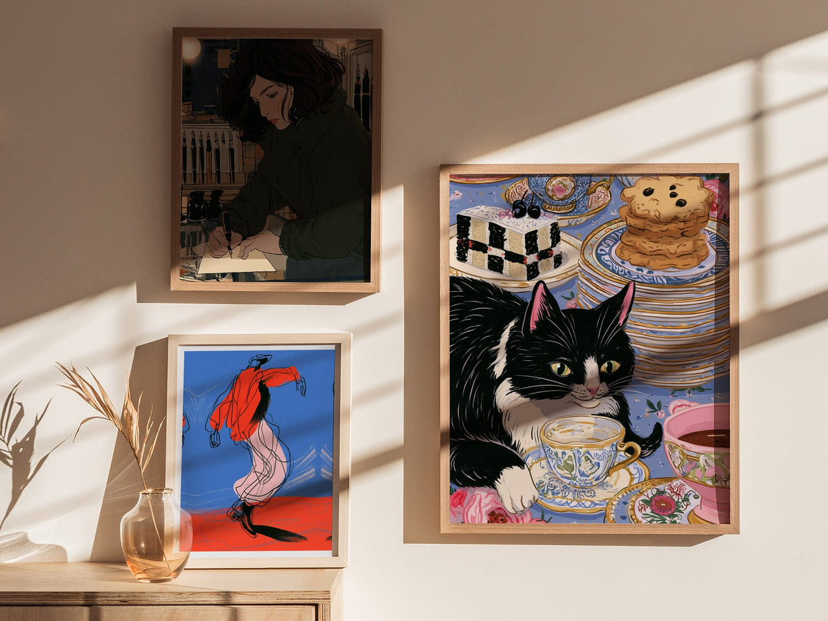 Cat Takes Tea Poster | Pink and Grey-Blue Illustrative Art Print | Kitchen Wall Art — styled in an interior