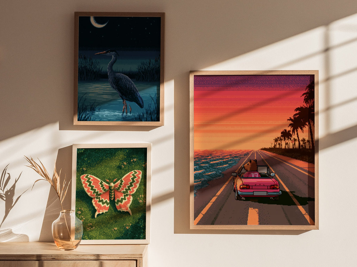 Capybara Drives Sunset Poster | Coral and Purple Pixel Art Print | Retro Gaming Wall Art — styled in an interior