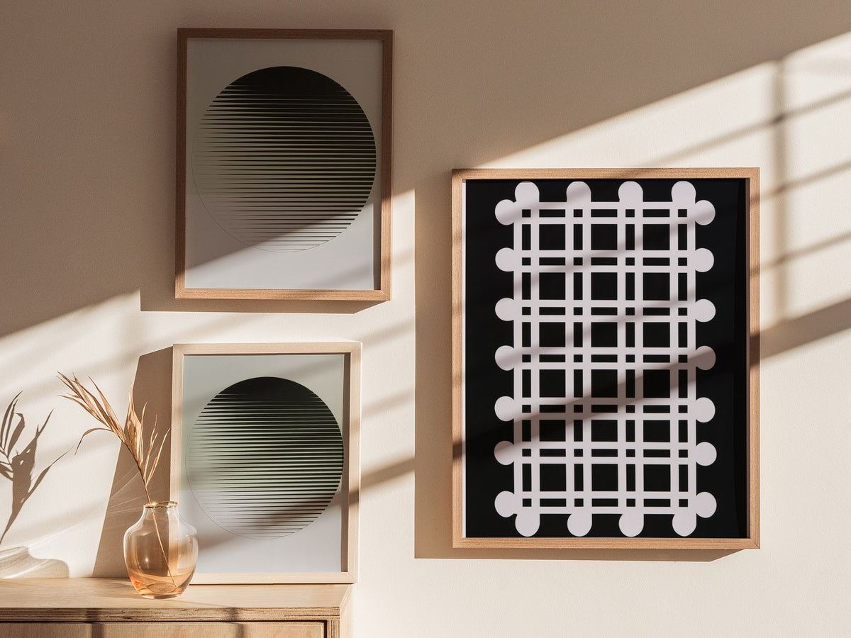 woven-grid Poster | Black and White Minimalism Art Print | Minimalist Wall Art — styled in an interior