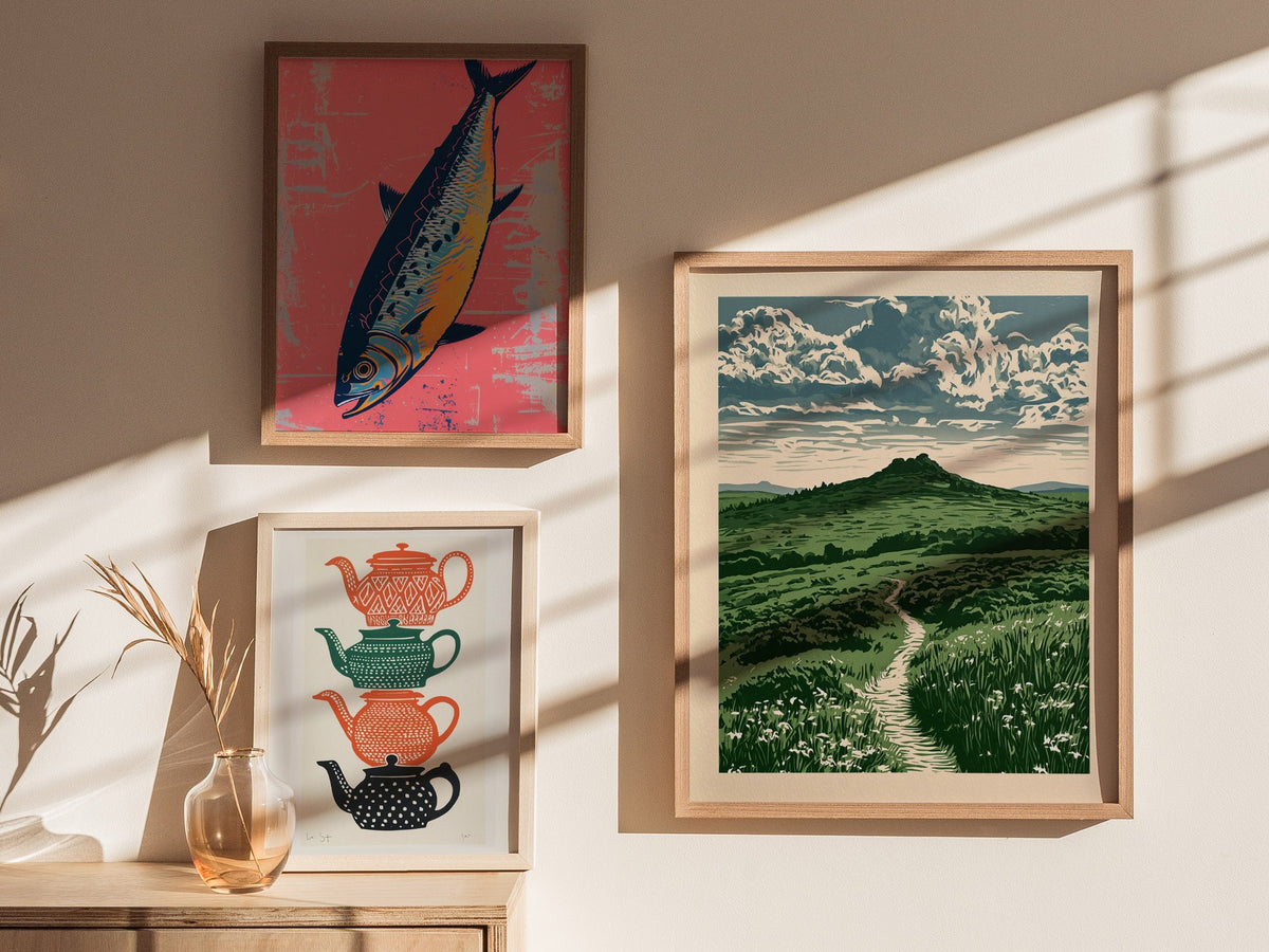 Moorland Cloud Tower Poster | Green and Cream Screen Print Art Print | Nature Lover Wall Art — styled in an interior