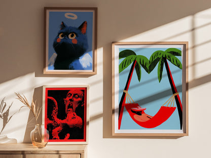 Hammock Afternoon Poster | Blue and Emerald Screen Print Art Print | Tropical Wall Art — styled in an interior