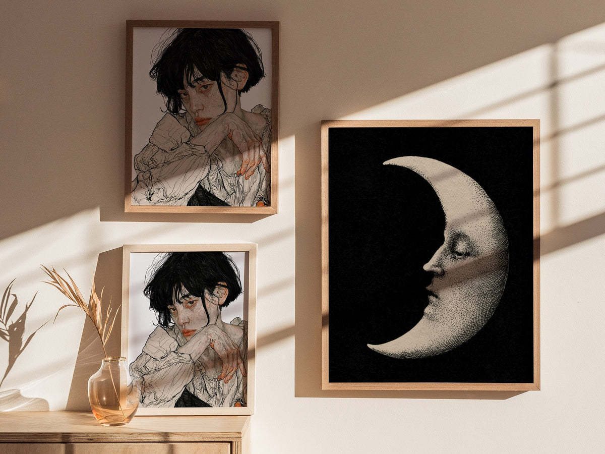 Manuscript Moon Poster | Black and Cream Pen and Ink Art Print | Dark Academia Wall Art — styled in an interior