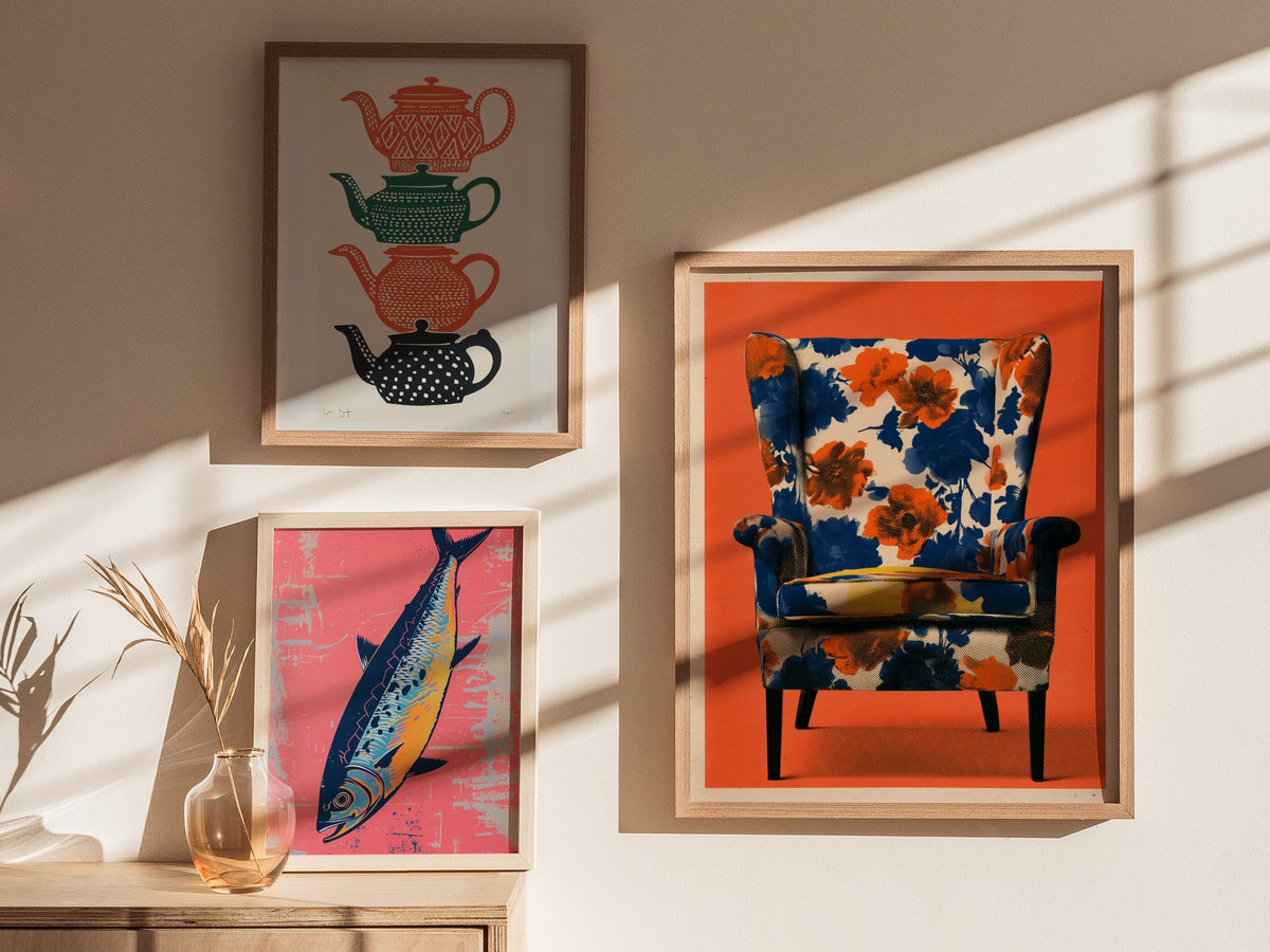 Armchair Blooms Poster | Cobalt and Coral Screen Print Art Print | Mid-Century Wall Art — styled in an interior