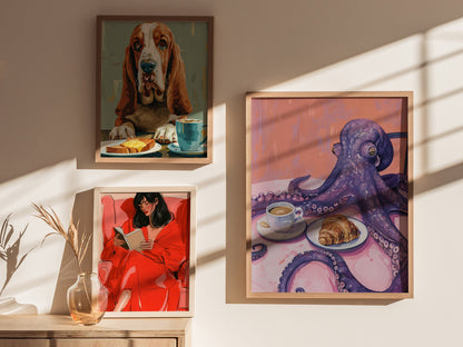 Breakfast Octopus Poster | Purple and Coral Illustrative Art Print | Kitchen Wall Art — styled in an interior