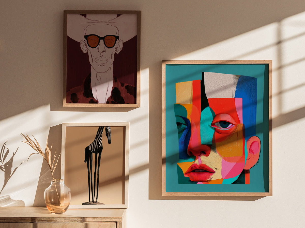 Split Face Mosaic Poster | Teal and Coral Illustrative Art Print | Modern Portrait Wall Art — styled in an interior