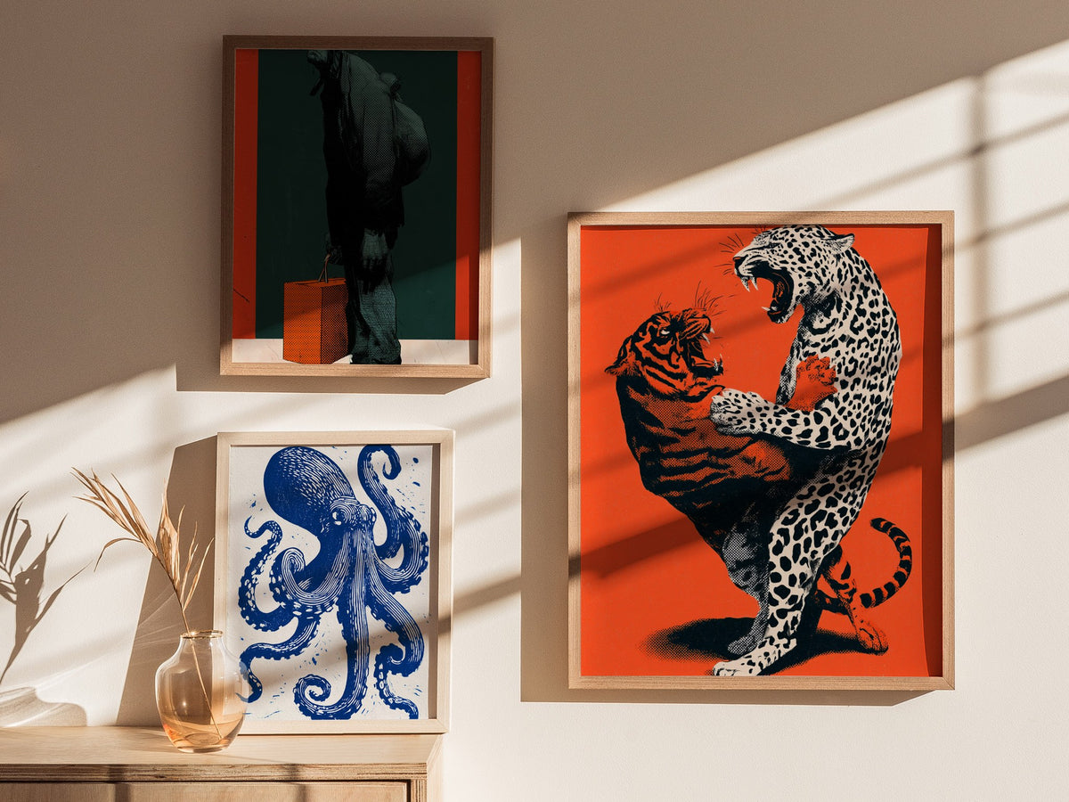 Leopard Battles Tiger Poster | Vermilion and Black Screen Print Art Print | Dark Fantasy Wall Art — styled in an interior