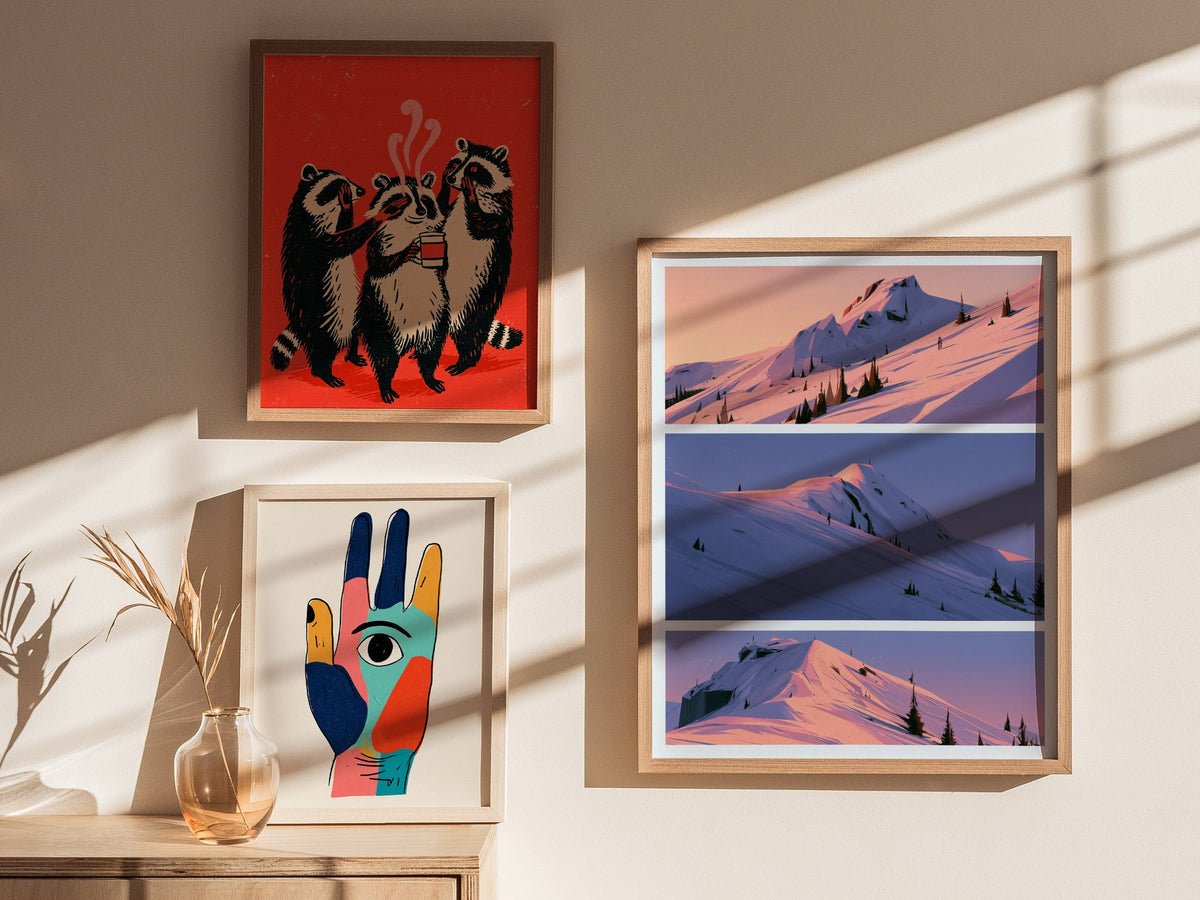 Mountain Waits Dusk Poster | Peach and Lavender Illustrative Art Print | Alpine Minimalist Wall Art — styled in an interior