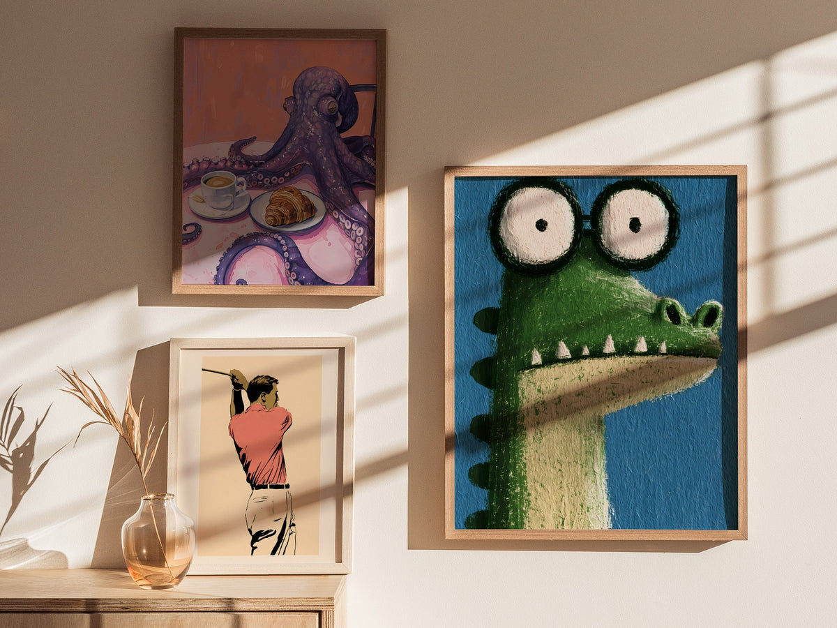 Wide-eyed Crocodile Poster | Green and Cobalt Illustrative Art Print | Kids Room Wall Art — styled in an interior
