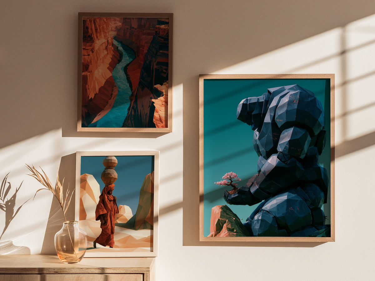 Golem Tends Blossom Poster | Navy and Teal Low Poly Art Print | Sci-Fi Wall Art — styled in an interior